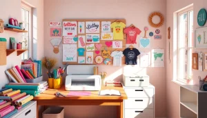 Cricut SVG designs displayed in a bright crafting studio with Cricut machine and colorful vinyl rolls.