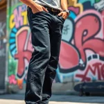 Individual showcasing baggy black jeans against vibrant urban street art backdrop.
