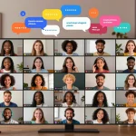 Free AI sex chat scene with diverse avatars engaged in vibrant conversations in a digital chat room.