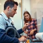 Emergency plumbing help for sewer backup with a plumber assisting a homeowner in Brooklyn, showcasing reliability and professionalism.