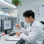 Researcher analyzing BPC157 TB500 peptides in a modern lab setting with equipment and notes.
