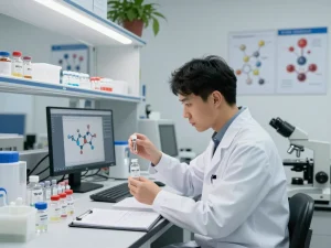 Researcher analyzing BPC157 TB500 peptides in a modern lab setting with equipment and notes.
