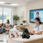 AI receptionist for clinics managing appointments in a modern veterinary office with friendly staff and pets.