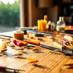 Engaging fly tying workspace showcasing colorful materials and intricate designs