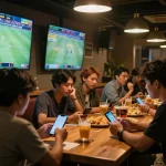 Teman-teman yang terlibat menikmati taruhan Judi Bola di bar olahraga yang ramai dengan banyak layar.