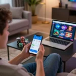 Engaging in mobile gambling using the tải hitclub app in a cozy living room setting