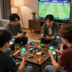 Engaging friends analyze kèo nhà cái odds during a thrilling sports betting session at home.