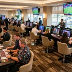 Betting excitement in a lively casino sports lounge as players analyze tỷ lệ nhà cái for their bets