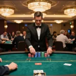 Player strategizing at sam86 poker table in a luxurious casino atmosphere.