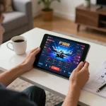 Player analyzing bets on the f168 app at home, showcasing online gaming lifestyle.