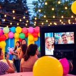 Guests enjoying a lively photo booth rental experience at an outdoor celebration.