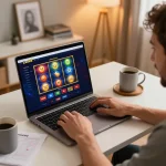 The player engages with Nhà cái Luck8 for online gaming, displaying excitement with colorful slots on the screen.
