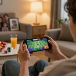 Orang yang terlibat dalam taruhan olahraga online dengan SBOBET88 di smartphone dalam lingkungan rumah yang nyaman