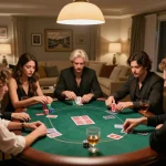 Players enjoy poker night at home with VIP79 branding, showcasing strategic gameplay and friendly competition