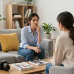 Engaging consultation scene addressing 情緒病 in a warm, inviting therapy room, showing a psychiatrist supporting a patient.