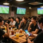 Fans engaging with kèo nhà cái in an exciting sports bar atmosphere during a live match with betting apps on smartphones.
