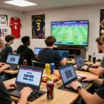 SBOBET88 online betting scene with diverse gamblers enjoying live sports action, showcasing excitement and sports memorabilia.
