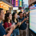 Grup merayakan di sekitar tampilan hasil Data HK secara langsung di lingkungan perkotaan yang hidup.