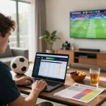 SBOBET platform displayed on a laptop as a bettor enjoys live sports betting in a modern home setting