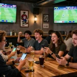 Tỷ lệ kèo nhà cái 5 showcased as patrons celebrate wins during an energetic sports betting scene.