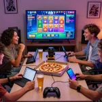 Diverse friends enjoying DK7 สล็อต online game together in a cozy gaming room with vibrant atmosphere.