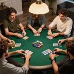 Friends gathering for a poker night at home, showcasing gameplay with a focus on 88vvgo's community spirit and responsible gambling.