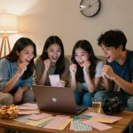 Sahabat merayakan sambil meninjau hasil lotere Data HK di ruang tamu yang nyaman