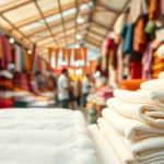 Katoen stof met verschillende kleuren in een levendige marktsetting verkennen.