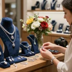 Stunning collection of сребърни колиета showcased in a jewelry store with elegant lighting.