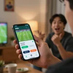 Xoilac sports betting user placing a bet on a smartphone during an exciting football match