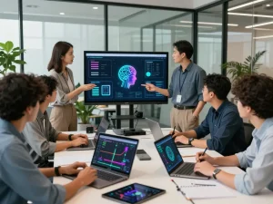 Team collaborating on mind control ai features in a modern office setting, showcasing innovative motion control software.