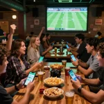Socolive trực tiếp bóng đá: Friends placing bets and enjoying live football match at sports bar.