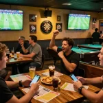 Socolive trực tiếp bóng đá scene of fans enjoying live football matches at a sports bar with warm lighting