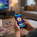 Person enjoying mobile gambling experience with sunwintop app in stylish living room setting