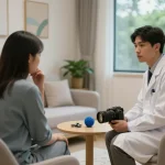 Therapy session illustrating a psychiatrist supporting a patient with 抑鬱症, showcasing a calming clinic environment.
