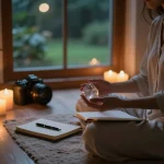 Reflective meditation setting focusing on why can’t I stop thinking about someone, featuring candles, crystals, and journal.