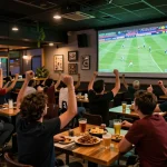 Socolive trực tiếp bóng đá captures a lively sports bar with fans celebrating a football game, showcasing an exciting atmosphere.