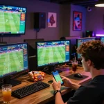 Engaged user enjoying OKFUN online betting on football matches with dynamic displays and vibrant atmosphere.