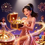 Experience excitement at fly88 with a glamorous treasure chest overflowing with riches, showcasing thrilling casino games.