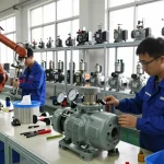 Chemical metering pump assembly in a bright industrial setting showcasing precision engineering processes.