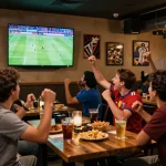 Socolive trực tiếp bóng đá view at a lively sports bar, fans cheering in excitement.