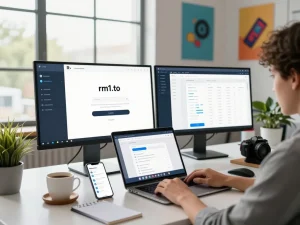 Focused individual using rm1.to login on laptop in a modern office setup, showcasing user-friendly interface.