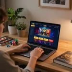 Engaging online gaming session on LC88 with a player using a laptop and poker chips on desk.