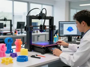 3D Printing technician operating advanced 3D printer with prototypes surrounding a vibrant workshop.