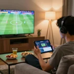 Xoilac TV user engaged in live sports betting on tablet, showcasing excitement in a cozy home setting.