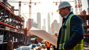 New York City Construction Manager coordinating a vibrant construction site with active workers.