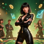 Engage with immersive gaming at HitClub, featuring dynamic slot elements and a striking character.