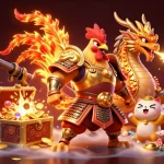 Join the exciting battles at 13win with a fighting rooster and dragon amidst a treasure-filled scene!