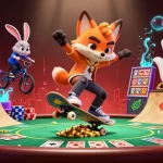 Experience dynamic action with VIN88 as a fox and rabbit perform stunts over casino-themed elements.