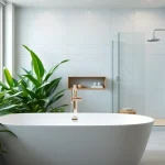 Showcasing a chic bathroom remodelling with elegant fixtures and calming colors.